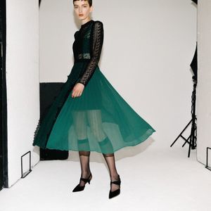 self portrait green and black dress Green Fine Lace Midi Dress – self-portrait-US